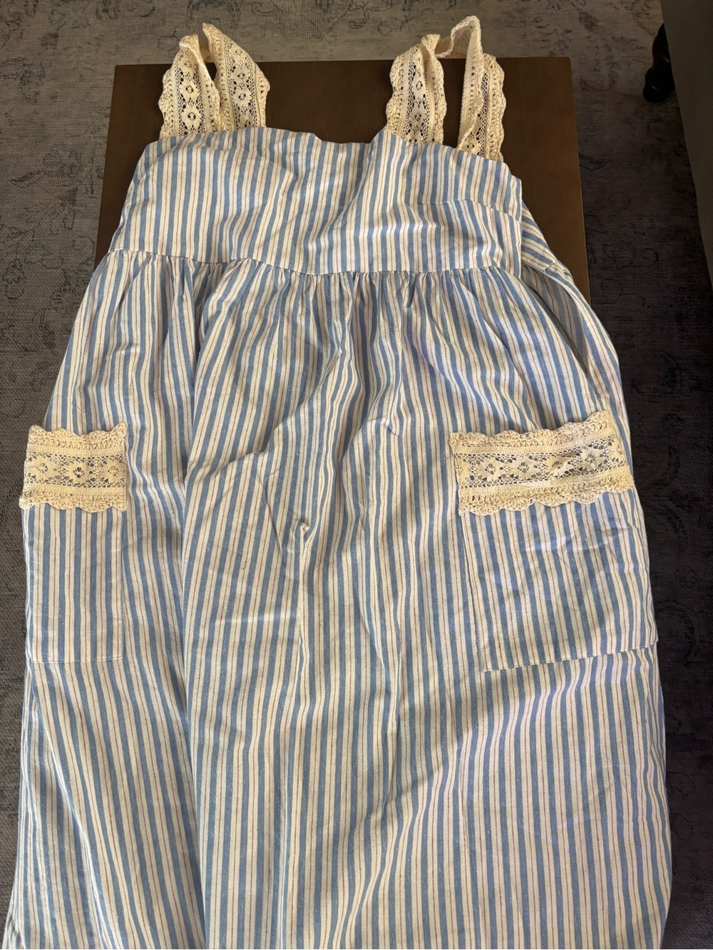Blue & White Striped Maxi Dress with Lace Trim